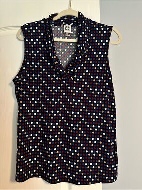 Anne Klein Navy Sleeveless V-Neck Top with Multicolor Polka Dots